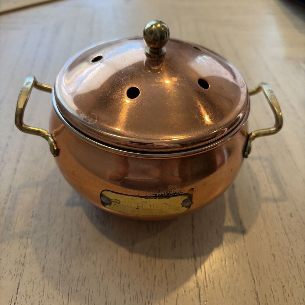 Vintage Copper Potpourri Simmer Pot w/ Pierced Lid & Handles